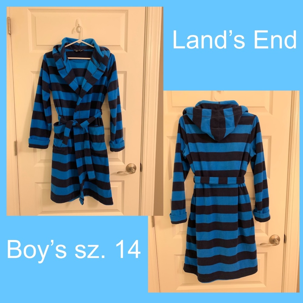 Lands End boys 14 stripe blue fleece bath robe EUC